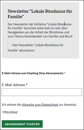 Kästchen für Bestätigung zur Anmeldung, Eingabefeld E-Mail-Adresse, Schaltfläche "Abonnement starten"